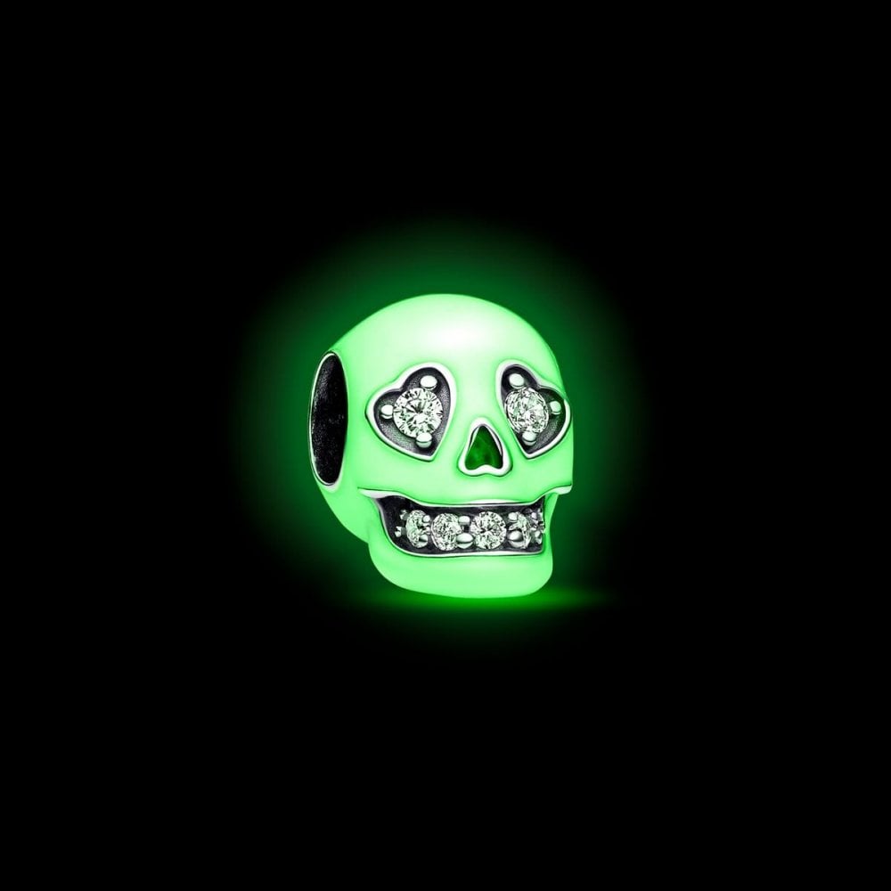 Sterling Silver Glow-in-the-Dark Skull Charm – 925 Silver Bead, Halloween Theme