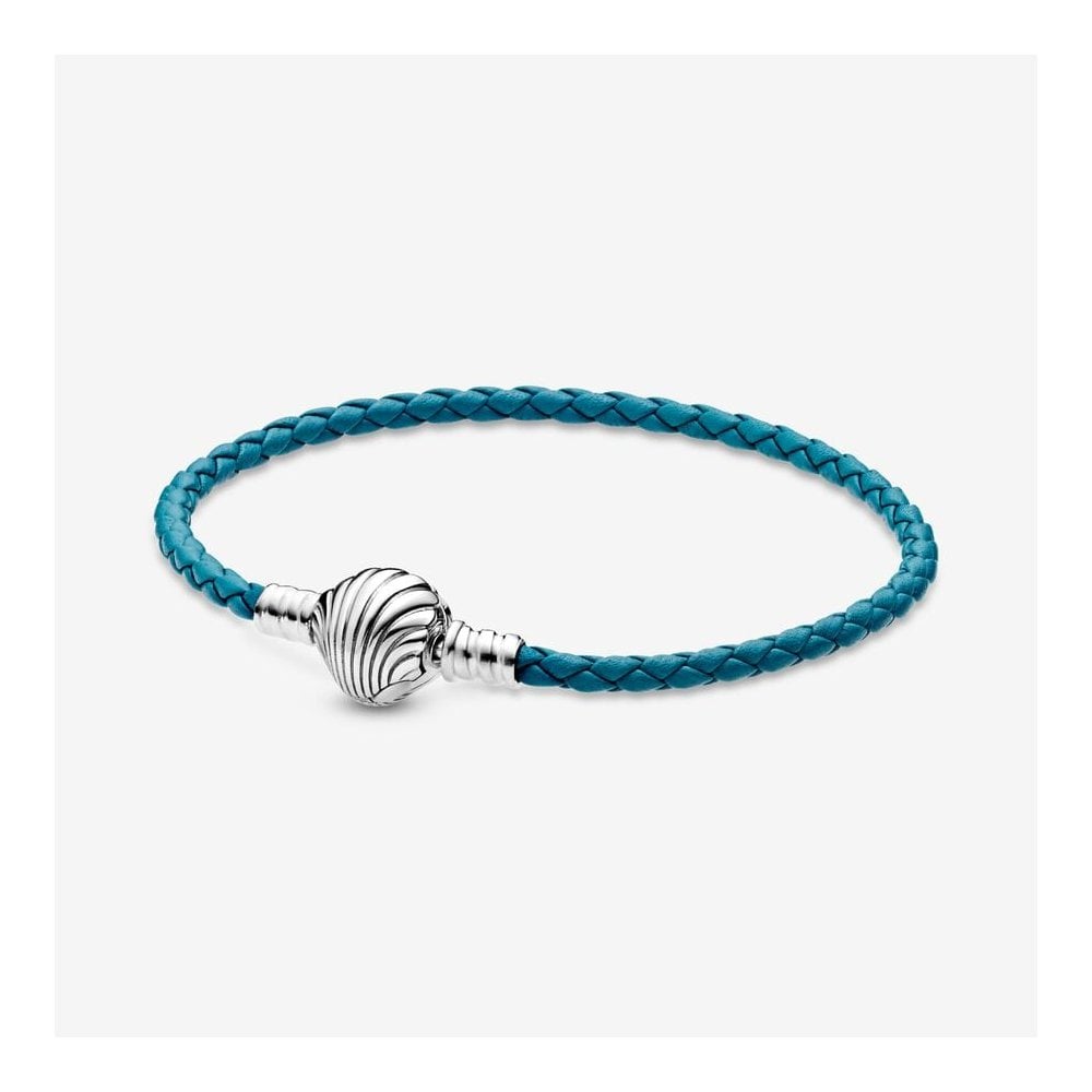 Pandora Moments Seashell Clasp Turquoise Braided Leather Bracelet 598951C01