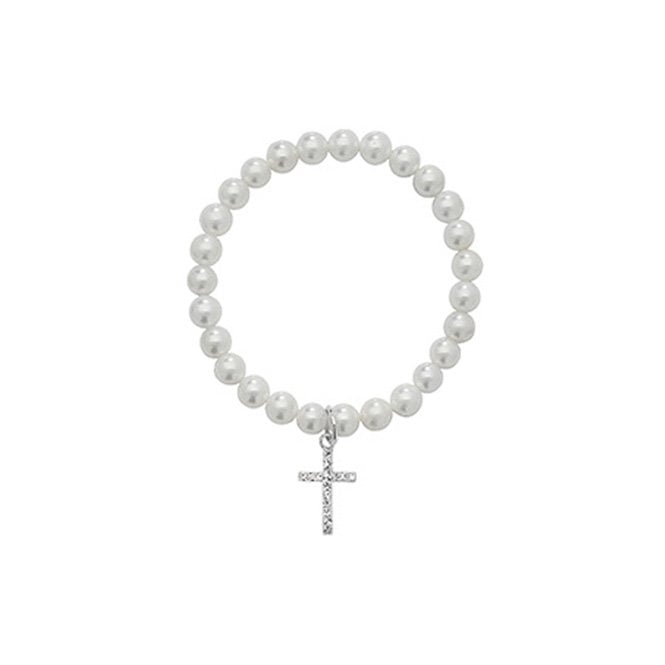 MCN Jewellery White Pearl Bracelet With CZ Cross SBR168B
