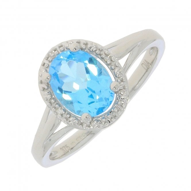 MCN Jewellery 9CT White Gold Oval Blue Topaz & Diamonds Cluster Ring