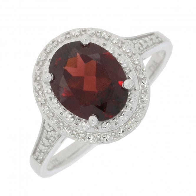 MCN Jewellery 9CT White Gold Oval Garnet & Diamonds Cluster Ring