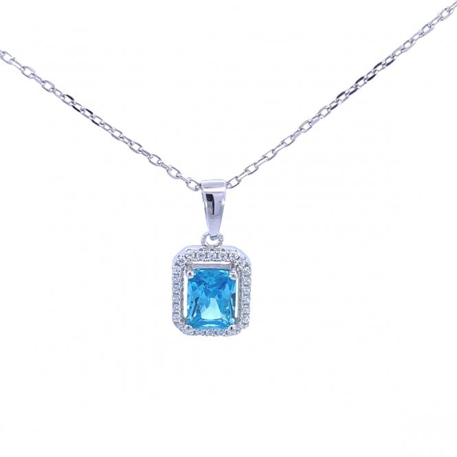 J Jaz Rectangular Light Blue Halo Pendant Necklace
