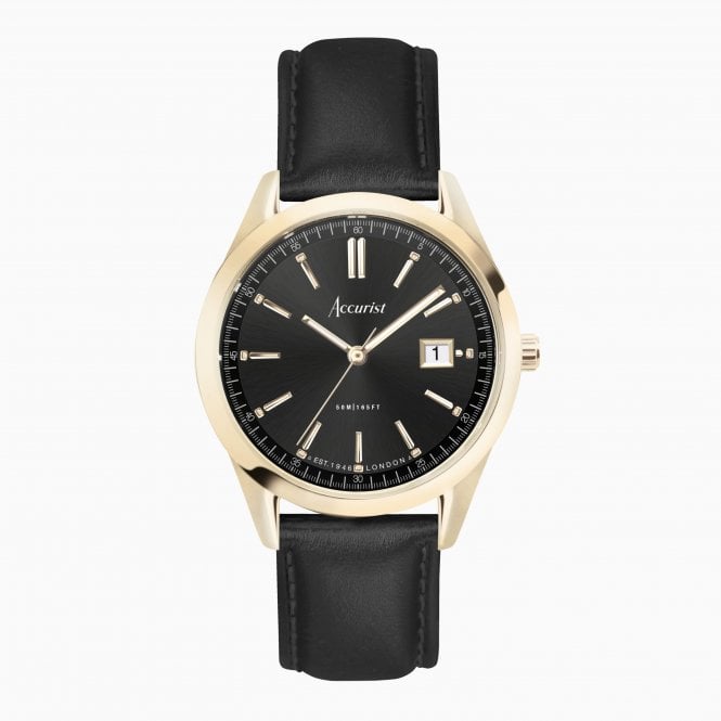 Accurist Watches Accurist Everyday Gold Case and Black Leather Watch 74012