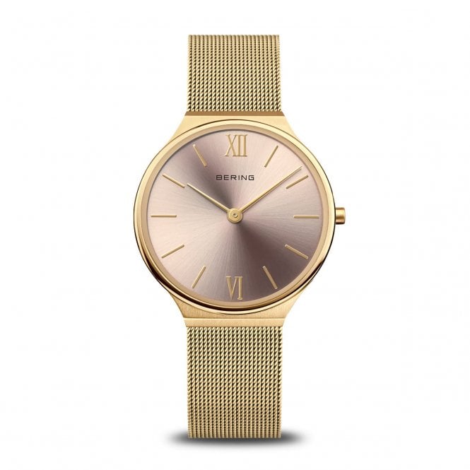 Bering Ultra Slim Polished Gold Rose Dial Ladies Watch 18434-336