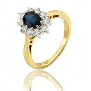 Diamond Ring Sapphire Yellow Gold Cluster