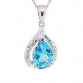9ct White Gold Blue Topaz and Diamond Pendant