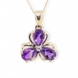 9ct Yellow Gold Amethyst and Diamond Clover Pendant