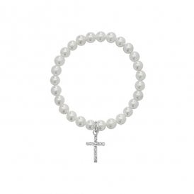 White Pearl Bracelet With CZ Cross SBR168B
