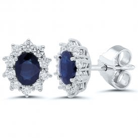 Traditional Diamond & Oval Sapphire Cluster Earrings