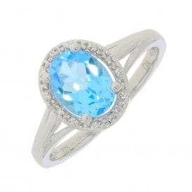 9CT White Gold Oval Blue Topaz & Diamonds Cluster Ring
