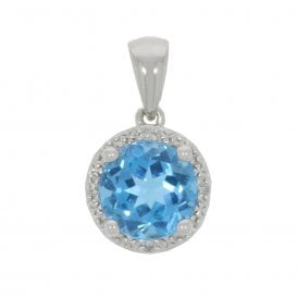 9CT White Gold Round Topaz & Diamonds Pendant