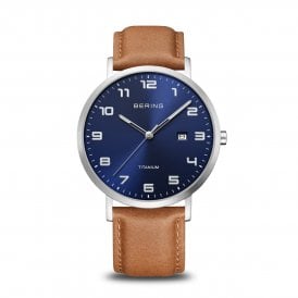Bering Titanium and Blue Face Watch with Leather Strap 18640-567