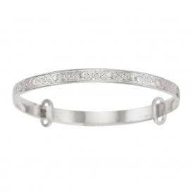 Sterling Silver Flower and Heart Embossed Baby Bangle SB132