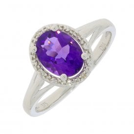 White Gold Oval Amethyst & Diamond Halo Ring
