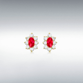 9CT Yellow Gold Oval Red and White Cluster Stud Earrings