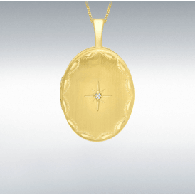 9CT Yellow Gold Diamond Set Etched Oval Locket