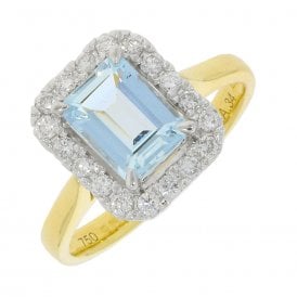 Aquamarine and Diamonds Halo Gold Ring