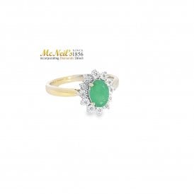 9ct Yellow Gold Oval Emerald with Diamond Cluster Ring DER1745