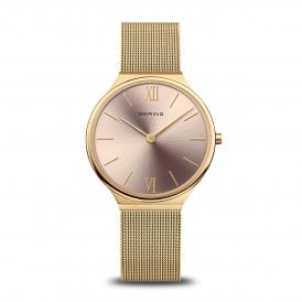 Bering Ultra Slim Polished Gold Rose Dial Ladies Watch 18434-336